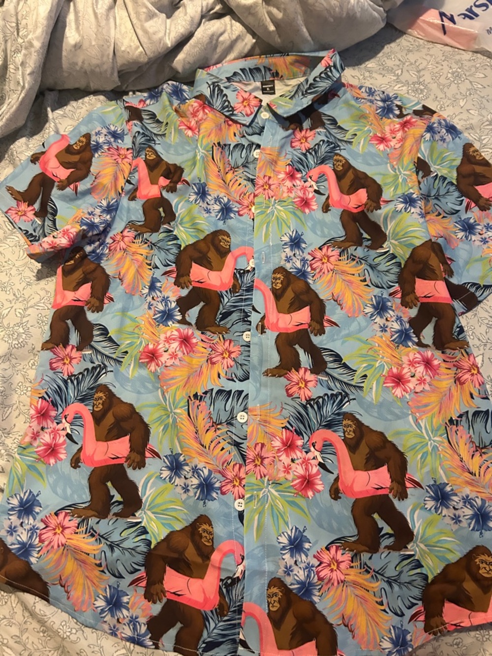 Men's Light Blue Tropical Button-Down Shirt with Pink and Brown Motif - Picture 2 of 4